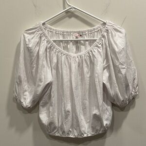 Sundry Womens Stretch Round Neck Short Sleeve Cropped Blouse Top White
